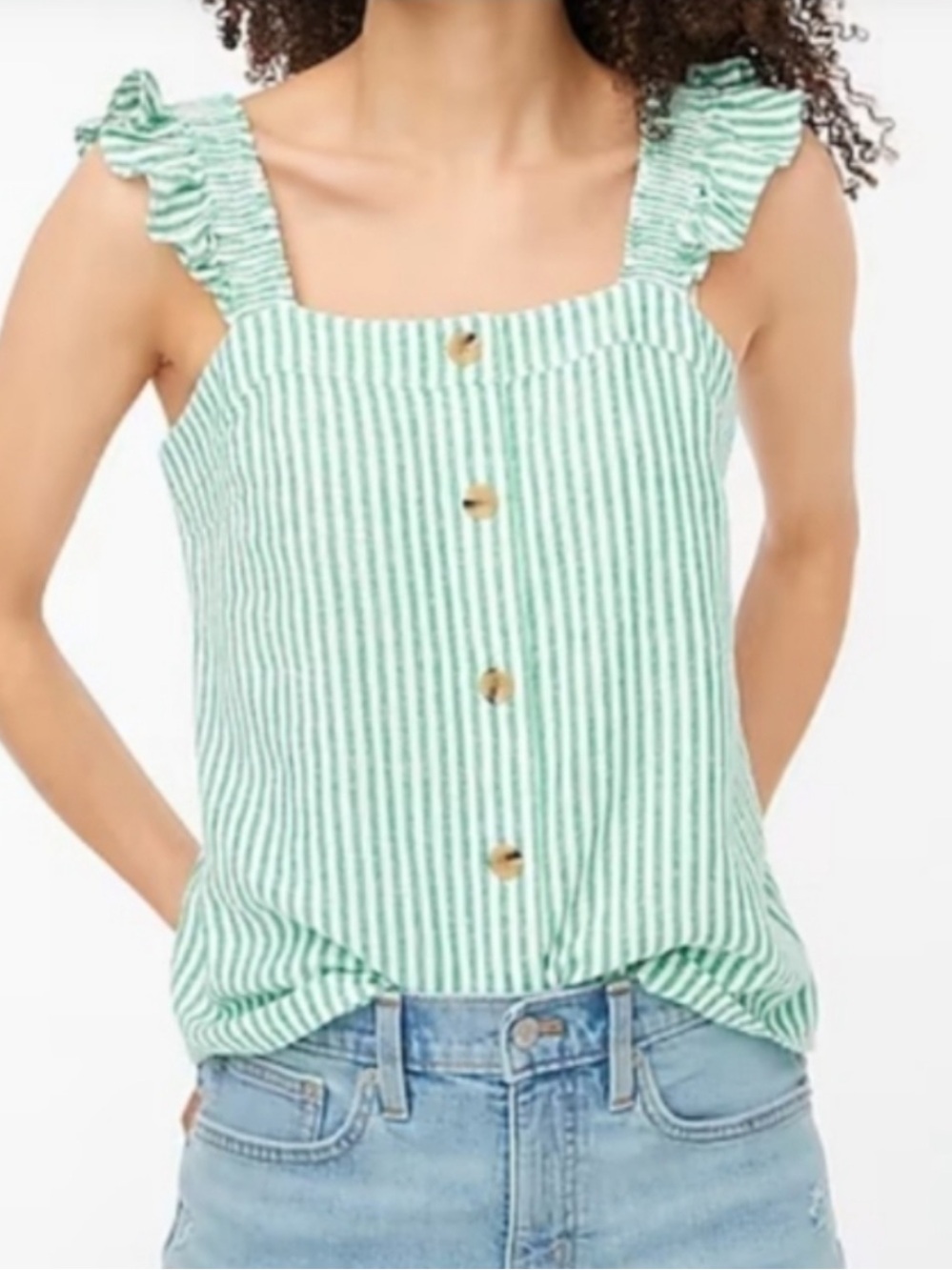 J. Crew Linen-Blend Stripe Button Front with Ruffle Shoulder Straps